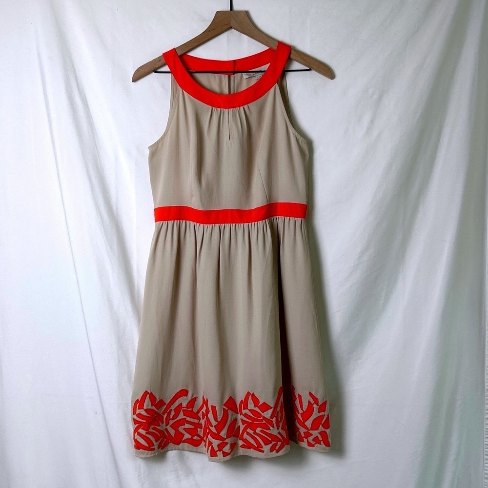 Loft Women Embroidered Hem Sleeveless Fit Flare Dress Size 6P Tan Orange Retro